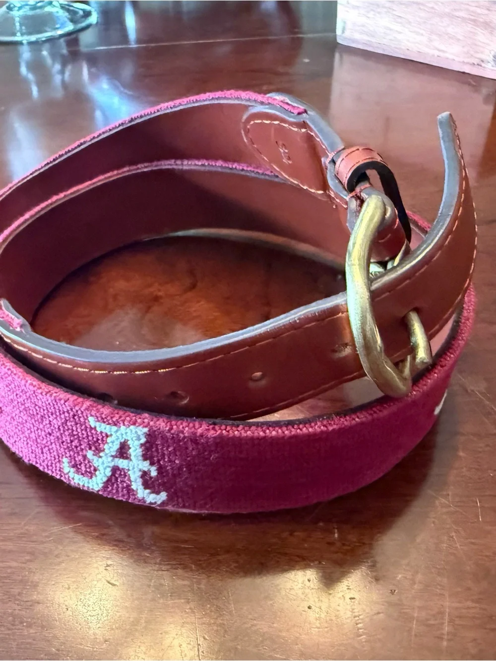 Smathers & Branson Crimson Needlepoint 'A' Alabama Belt with Leather
